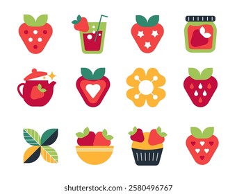 Strawberry Mood Icons. Modern Fruits with Sweet Elements in an Abstract Design