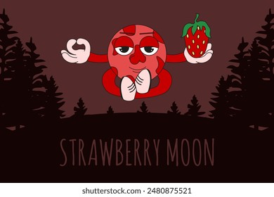 Strawberry Moon concept. Red Full moon art. Simple Naive vector illustration can used web astronomic banner, poster, flyer cover print. EPS 10