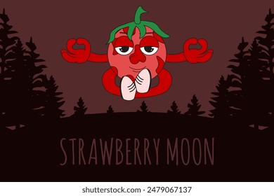 Strawberry Moon in night forest landscape. Simple flat  astronomical design with lunar character. Minimalsim vector illustartion. Editable stroke. EPS 10