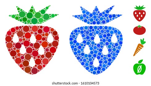 Strawberry mosaic of filled circles in various sizes and color hues, based on strawberry icon. Vector filled circles are grouped into blue illustration.