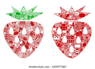 Strawberry mosaic icons created for bigdata illustrations. Vector strawberry mosaics are composed from computer, calculator, connections, wi-fi, network icons into abstract collages.