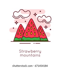 Strawberry mountains and clouds in thin line flat design. Fun food vector banner.