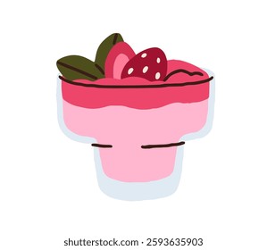 Strawberry mousse dessert. Creamy sweet food, fruit treat in glass with fresh berries, whipped cream. Refreshing summer parfait, yogurt snack Flat vector illustration isolated on white background