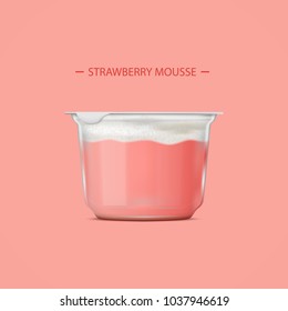 Strawberry mousse. Transparent packaging for the mousse and yoghurt, as well as other products.