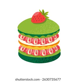 Strawberry muffin. Dessert with strawberries and cream. Flat vector illustration.