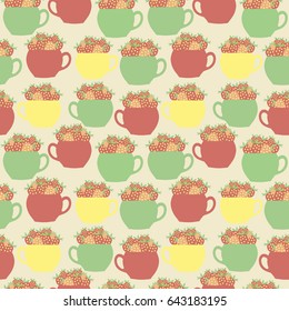 Strawberry in a mug. Vector seamless pattern. Vitamin cup of fresh berries.