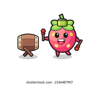 strawberry muslim cartoon is beating the bedug , cute design
