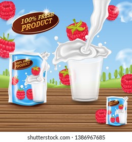 Strawberry natural yogurt. 3d vector illustration.