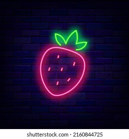 Strawberry neon icon. Fruit shop sign. Healthy eating. Slot machine element. Vector stock illustration