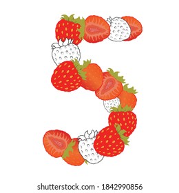 Erdbeere Nummer fünf. Vektorgrafik auf weißem Hintergrund. Druck auf Kleidung, Menüs, Saft, Kinderbücher, Verpackungsdesign
