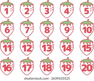 Strawberry number icon set, numbers up to 20, line drawing, red, vector illustration