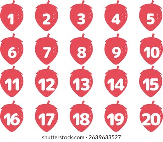 Strawberry number icon set, numbers up to 20, red, vector illustration