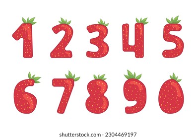 Strawberry numbers with green leaves for mathematic algebra counting learning vector flat illustration. Fresh seasonal summer berries font character raw red ripe delicious sweet dessert fruit