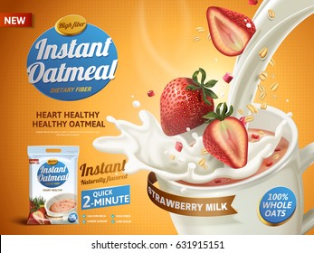 Strawberry Oatmeal Ad, With Milk Pouring Into A Cup And Strawberry Elements, 3d Illustration