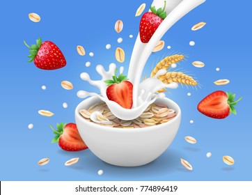 Strawberry and oatmeal flakes. Berry in milk pouring into a cup realistic 3d illustration