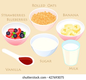 Strawberry Oatmeal smoothie recipe.Vector illustration of Rolled oats,strawberries,blueberries,slice of banana, sugar in bowl, cup of milk. Healthy breakfast