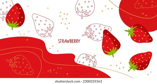 Strawberry on abstract background. Fresh farm fruit for diet. Ingredients for cooking, juice. Flat design for menu, cafe, restaurant, banner, emblem, sticker, recipe design. For packing juice or jam