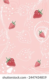 Strawberry on abstract pink background with hand drawn elements. Template for banner, poster, bar, cocktail. Illustration of a drink for menu or packaging design. Vector illustration