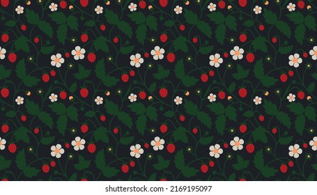 Strawberry on branches seamless pattern. Floral ornamental with berries, flowers and leaves on a dark background. Botanical wallpaper vector illustration.