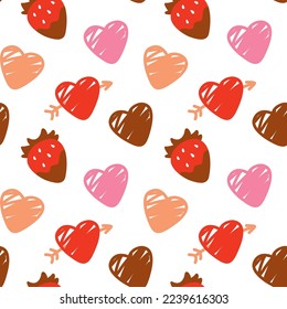 Strawberry on chocolate and lovely hearts for San Valentine's day. Seamless pattern. Vector.