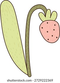 Fresa sobre tallo curvo con textura de hoja y semilla, delineada y dibujada a mano. Símbolo de la naturaleza, la cosecha, la frescura, el crecimiento y la comida orgánica. Ilustración vectorial de dibujos animados.