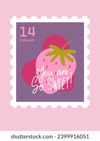 Strawberry on heart background and text - you are so sweet. Greeting card in the form of postage stamp. Ideal for Valentine's Day or birthday. Vector