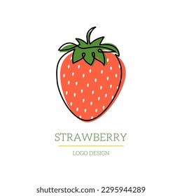 Erdbeere Ein Design-Logo mit durchgehender Linie mit bunten Formen. Single Line Art Summer Berry Konzept. Hand Ziehe einen einfachen Umriss-Stil. Vektorgrafik für Café, Shop, Website, Karte