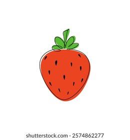 Strawberry, one-line color illustration, hand-drawn, flat design, doodle, vector. The sketch of a bright juicy delicious sweet strawberry berry is isolated on white. An element for decoration, label