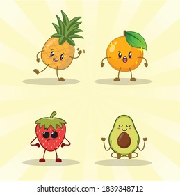 strawberry, orange, avocado, pineapple cute expression set collection. 