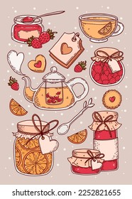 Strawberry and orange homemade jam in glass jar. Sweet fruit dessert with hot tea and cookies. Warm and cozy autumn stickers. Vector clipart in doodle style.