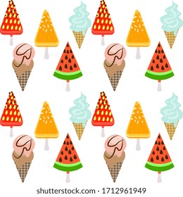 Strawberry and orange ice cream in a cone on a white background. Colorful summer background.
