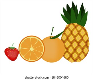 Strawberry, orange and pineapple as fruits for cocktails. Vector illustration.
