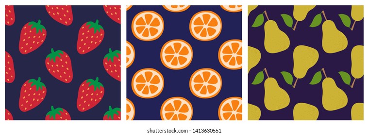 Strawberry, orange slice and pear. Fruit and berry seamless pattern set. Fashion design. Food print for clothes, linens or curtain. Hand drawn vector sketch background collection
