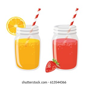 Strawberry and orange smoothies in a jar with a straw. Vector healthy drink with fruit isolated on white background.