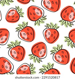 Strawberry outline line art style pattern. Vector Seamless bright pattern Strawberry doodle style fresh fruit healthy food.