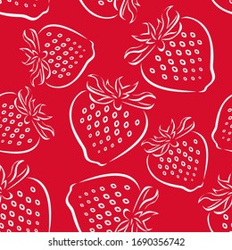 Strawberry outline seamless pattern on red background. Simple vector monochrome illustration of berries. 