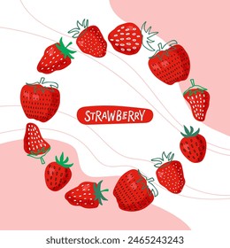 Envase de fresa. Estampado Abstractas con fresa roja sobre ondas rosadas y blancas e inscripción. Vector plano para menú, cafetería, diseño de recetas. Embalaje para yogur, mermelada, cosméticos de frutas, perfumería