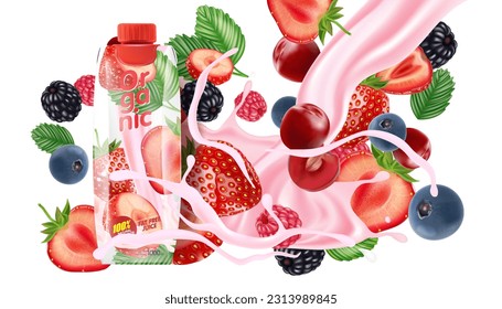 Strawberry with Packaging mock up splashing isolated with strawberries slice of pieces element in the middle on white background. Realistic vector in 3D illustration.