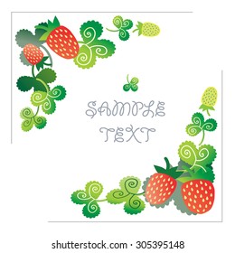 Strawberry page corners. Cute berry and leafs composition.As frame, border, design element,page decoration. Summer, harvest concept. Isolated on white.