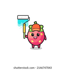 the strawberry painter mascot with a paint roller , cute design