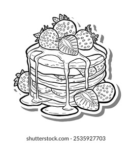 Strawberry Pancake Outline on white silhouette and gray shadow. Hand drawn cartoon style. illustration for decorate and any design.