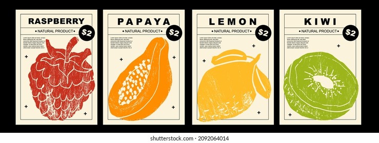 Strawberry, papaya, lemon, kiwi. Set of posters of fruits and berries in a abstract draw design. Label or poster, price tag. Simple, flat design. Patterns and backgrounds. For poster, cover, banner.