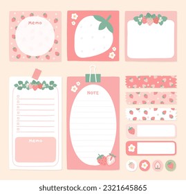 Strawberry paper notes, stickers, sticky sheets and tape. Vector set of stationery.