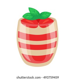 Strawberry parfait dessert in a shiny glass, cartoon vector illustration isolated on white background. Strawberry and yogurt layered dessert, yummy looking sweets