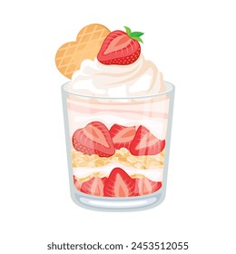 Strawberry Parfait with yogurt and granola vector illustration. Delicious layered fruit creamy dessert in a glass icon isolated on a white background. Oat flakes with strawberries in a glass vector