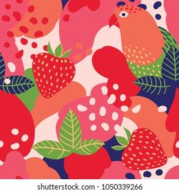 Strawberry and parrot on abstract background. Vector seamless pattern