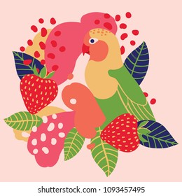 Strawberry and parrot on abstract background. Vector seamless illustration.