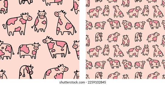 Strawberry Pastel Pink Cow Milk Hand-Drawn Cute Seamless Pattern Vector Illustration