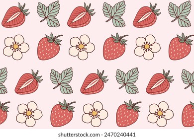 Strawberry pattern background. Seamless pattern with strawberries and flowers for banners, cards, flyers, social media wallpapers 