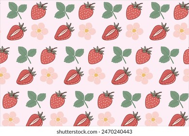 Fondo de patrón de fresa. Patrón sin fisuras con fresas y flores para Anuncios, tarjetas, volantes, Fondos de pantalla de redes sociales 